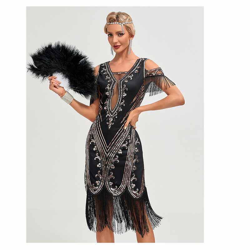 Women’s 1920s Flapper Dress Roaring 20s Cold Shoulder Fringe Gatsby Dress