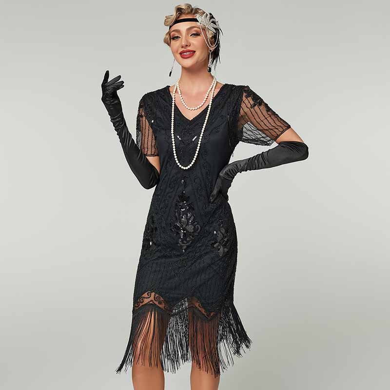 1920's Flapper Dress Short Sleeve V-Neck  Fringe Sequin Beaded Dress