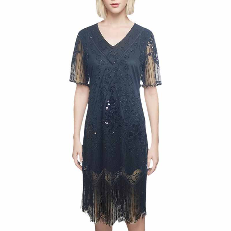 1920's Dresses Fringe Sequin Beaded Black Dress