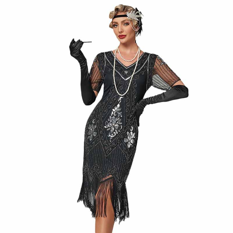 1920's Flapper Dress Short Sleeve V-Neck  Fringe Sequin Beaded Dress