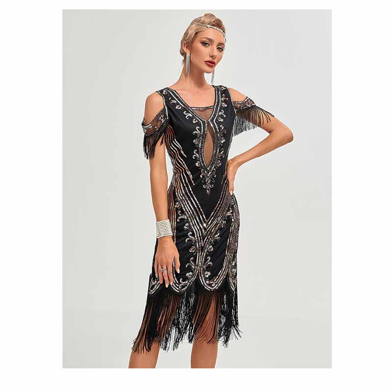 Women’s 1920s Flapper Dress Roaring 20s Cold Shoulder Fringe Gatsby Dress