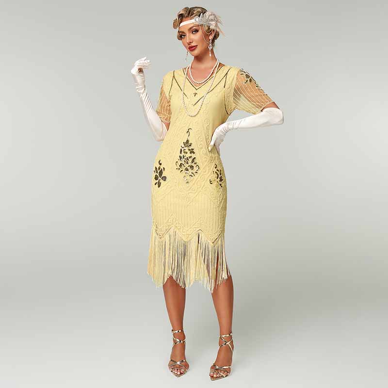 1920's Flapper Dress Short Sleeve V-Neck  Fringe Sequin Beaded Dress