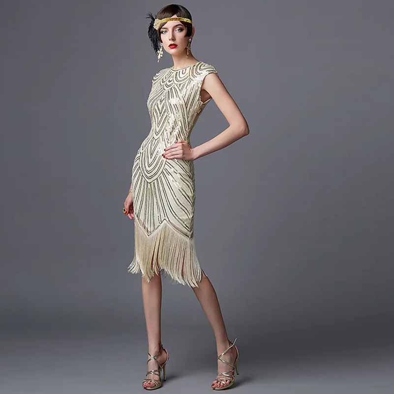 1920s Knee Length Flapper Party Dress Tassels Hem Sequined Cocktail Dresses