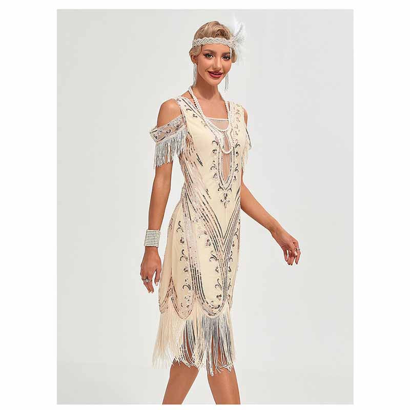 Women’s 1920s Flapper Dress Roaring 20s Cold Shoulder Fringe Gatsby Dress