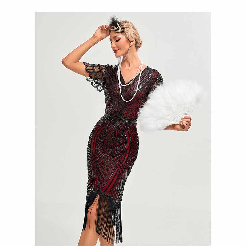 1920s Flapper Dress Roaring 20s Sequins Beaded Fringe Great Gatsby Dress