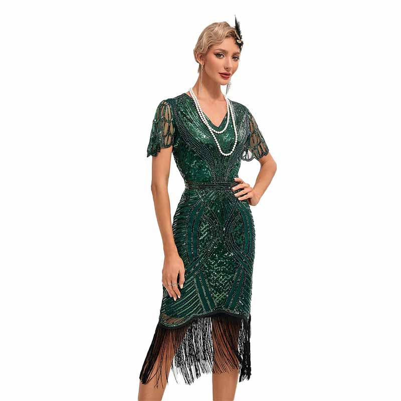 1920s Flapper Dress Roaring 20s Sequins Beaded Fringe Great Gatsby Dress