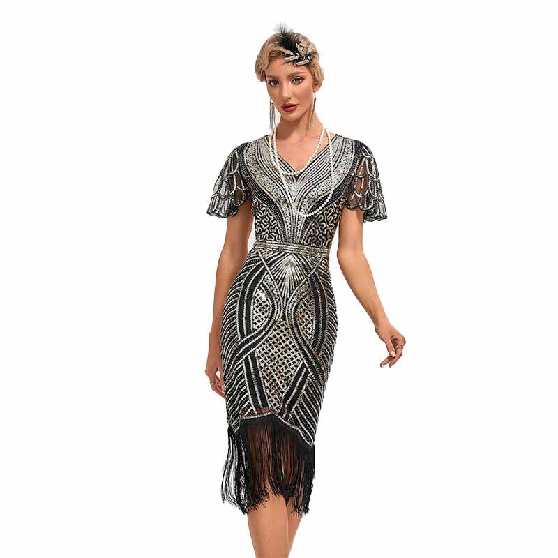 1920s Flapper Dress Roaring 20s Sequins Beaded Fringe Great Gatsby Dress