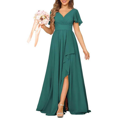 V-Neck Chiffon Bridesmaid Dress With Pocket – Short Sleeves & Elegant Side Split