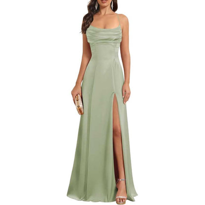 Satin Long Bridesmaid Dresses with Slit Aline Corset Long Prom Dresses