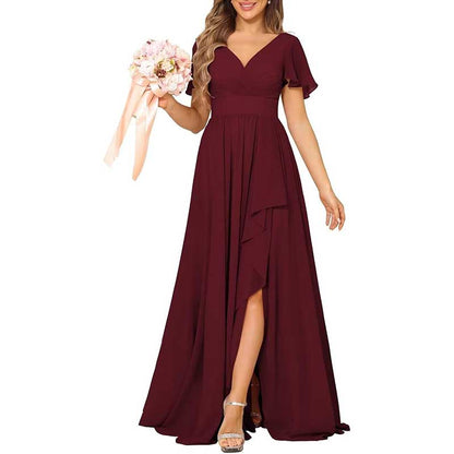V-Neck Chiffon Bridesmaid Dress With Pocket – Short Sleeves & Elegant Side Split