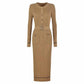 2-Pockets Buttoned Rib Midi Dress Knit Long Sleeve Body-Con Dress