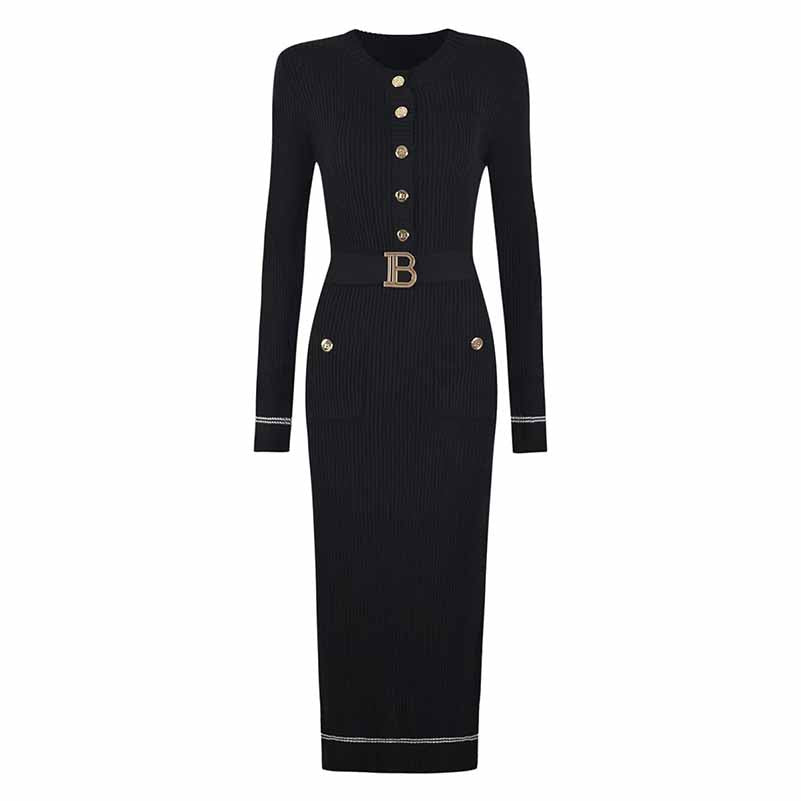 2-Pockets Buttoned Rib Midi Dress Knit Long Sleeve Body-Con Dress