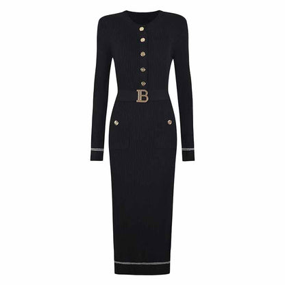 2-Pockets Buttoned Rib Midi Dress Knit Long Sleeve Body-Con Dress