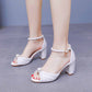 2.95" Pearls White Ankle Strap Chunky Heels Summer Wedding Dress Shoes