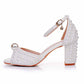 2.95" Pearls White Ankle Strap Chunky Heels Summer Wedding Dress Shoes