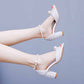 2.95" Pearls White Ankle Strap Chunky Heels Summer Wedding Dress Shoes