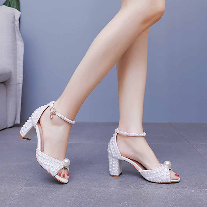 2.95" Pearls White Ankle Strap Chunky Heels Summer Wedding Dress Shoes