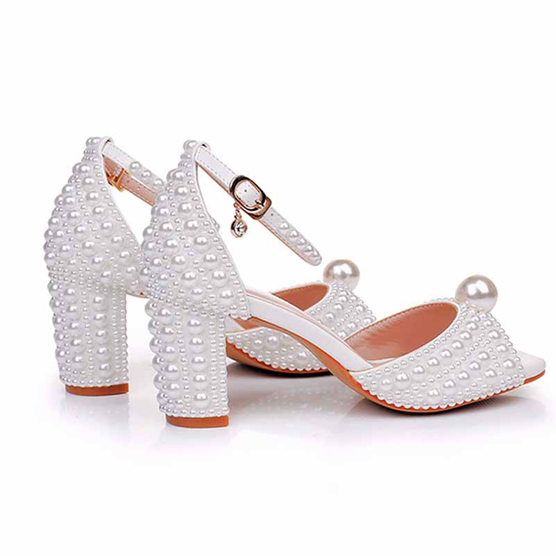 2.95" Pearls White Ankle Strap Chunky Heels Summer Wedding Dress Shoes