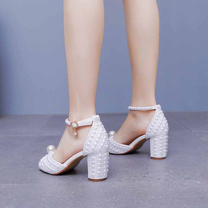 2.95" Pearls White Ankle Strap Chunky Heels Summer Wedding Dress Shoes