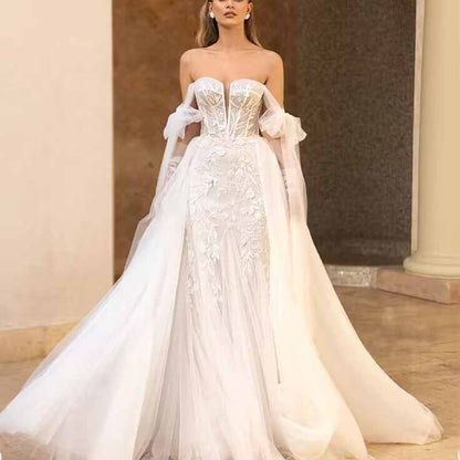 A-Line Princess Off-the-Shoulder Sweep Train Tulle Wedding Dresses