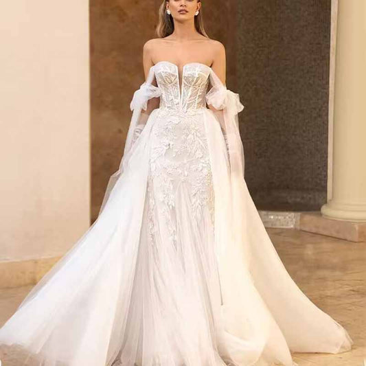 A-Line Princess Off-the-Shoulder Sweep Train Tulle Wedding Dresses