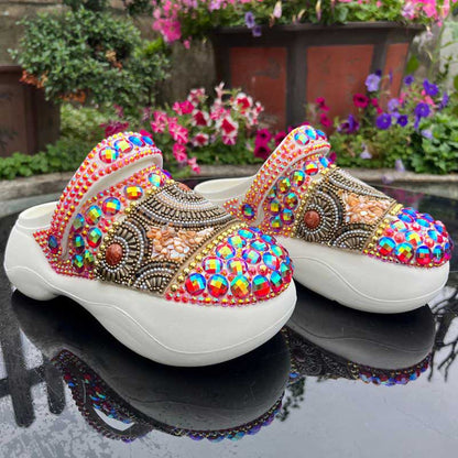Rhinestone Flat Wedding Sneakers Round Toe Clog Shoes Multicolor Slip On Mules