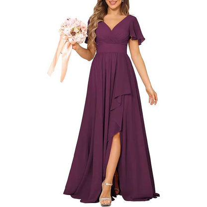 V-Neck Chiffon Bridesmaid Dress With Pocket – Short Sleeves & Elegant Side Split