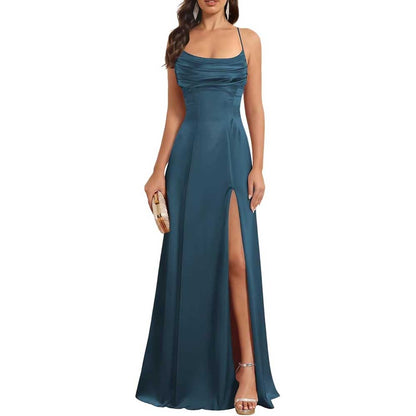 Satin Long Bridesmaid Dresses with Slit Aline Corset Long Prom Dresses