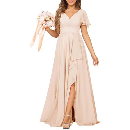 V-Neck Chiffon Bridesmaid Dress With Pocket – Short Sleeves & Elegant Side Split