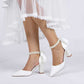 Chunky Wedding Shoes Pointed Toe Pearls Tie-Up Bridal Block Heels