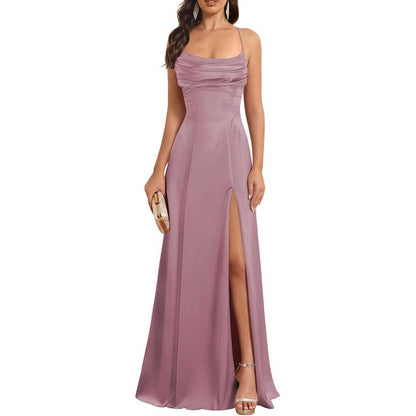 Satin Long Bridesmaid Dresses with Slit Aline Corset Long Prom Dresses