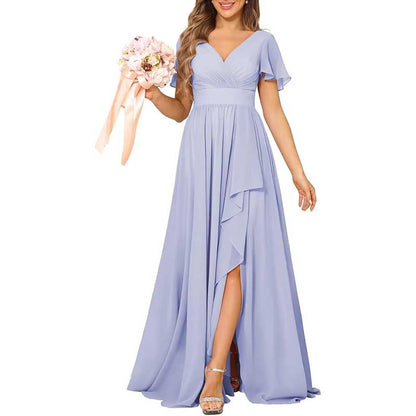 V-Neck Chiffon Bridesmaid Dress With Pocket – Short Sleeves & Elegant Side Split