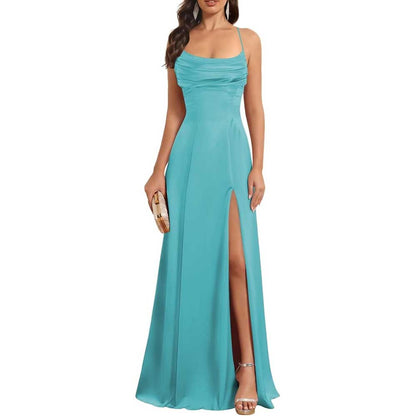 Satin Long Bridesmaid Dresses with Slit Aline Corset Long Prom Dresses