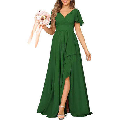 V-Neck Chiffon Bridesmaid Dress With Pocket – Short Sleeves & Elegant Side Split