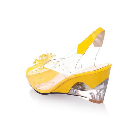 Women's Clear Crystal Wedge Sandals Peep Toe Glitter Flower Platform High Heel Dress Sandal