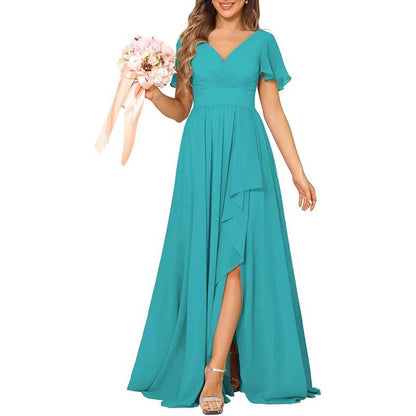 V-Neck Chiffon Bridesmaid Dress With Pocket – Short Sleeves & Elegant Side Split