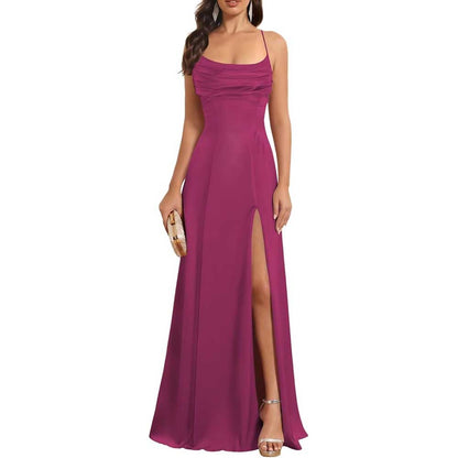 Satin Long Bridesmaid Dresses with Slit Aline Corset Long Prom Dresses