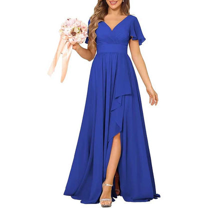 V-Neck Chiffon Bridesmaid Dress With Pocket – Short Sleeves & Elegant Side Split