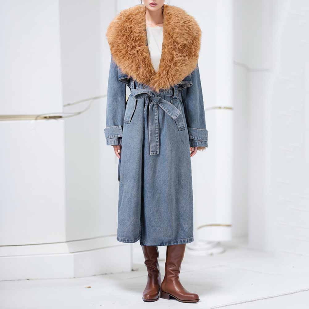 Women Denim Blue Coat With Removable Faux Fur Collar Long Length Coat Lace-Up Jacket