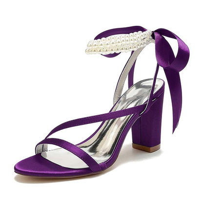 Women's Wedding Shoes Satin Block Heel Open Toe Wedding Sandals Bridal Shoes