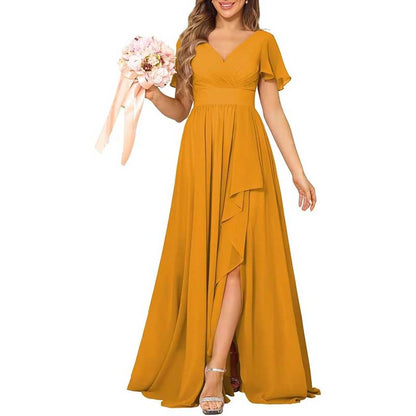 V-Neck Chiffon Bridesmaid Dress With Pocket – Short Sleeves & Elegant Side Split
