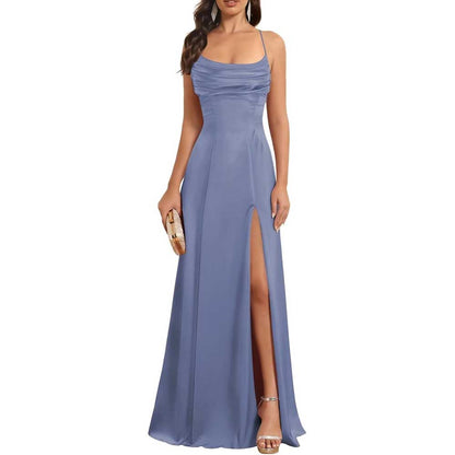 Satin Long Bridesmaid Dresses with Slit Aline Corset Long Prom Dresses