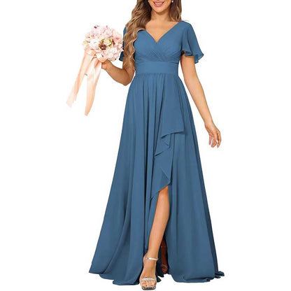 V-Neck Chiffon Bridesmaid Dress With Pocket – Short Sleeves & Elegant Side Split