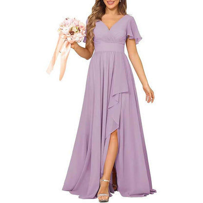 V-Neck Chiffon Bridesmaid Dress With Pocket – Short Sleeves & Elegant Side Split