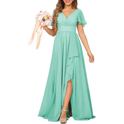 V-Neck Chiffon Bridesmaid Dress With Pocket – Short Sleeves & Elegant Side Split