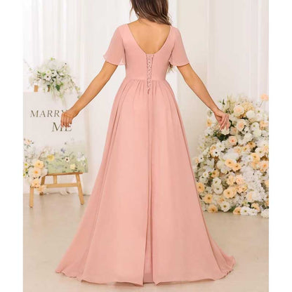 V-Neck Chiffon Bridesmaid Dress With Pocket – Short Sleeves & Elegant Side Split