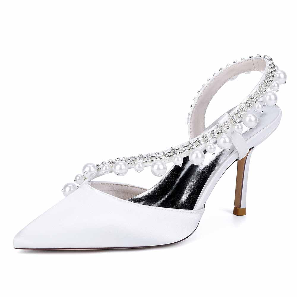 3.35" Cross Pearls Strap Wedding Shoes Satin Bridal Heels