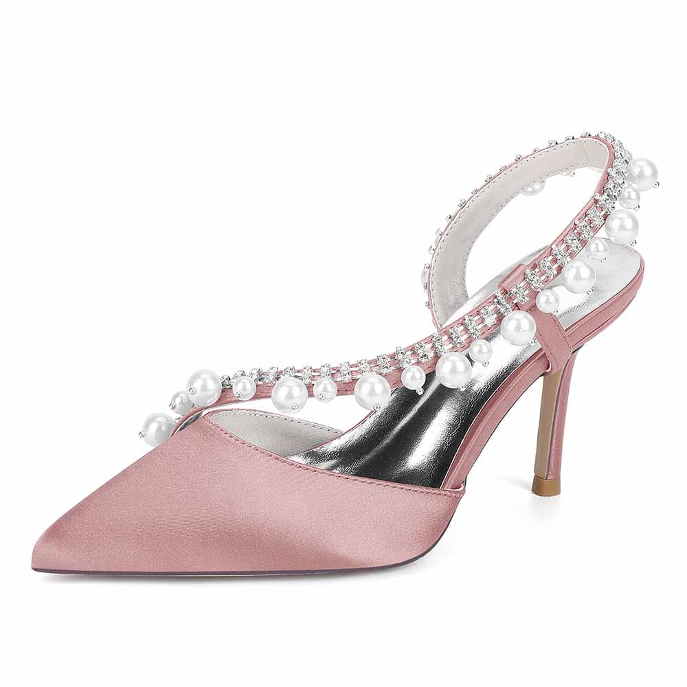 3.35" Cross Pearls Strap Wedding Shoes Satin Bridal Heels