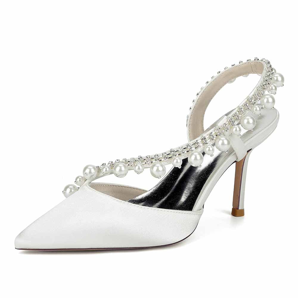 3.35" Cross Pearls Strap Wedding Shoes Satin Bridal Heels