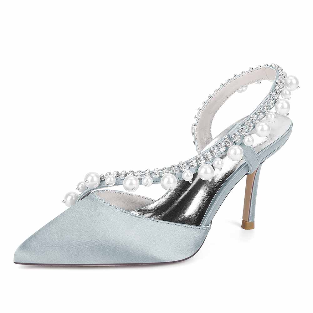 3.35" Cross Pearls Strap Wedding Shoes Satin Bridal Heels